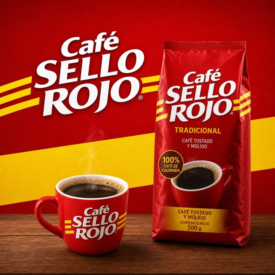 Paquete de café colombiano tradicional junto a una taza